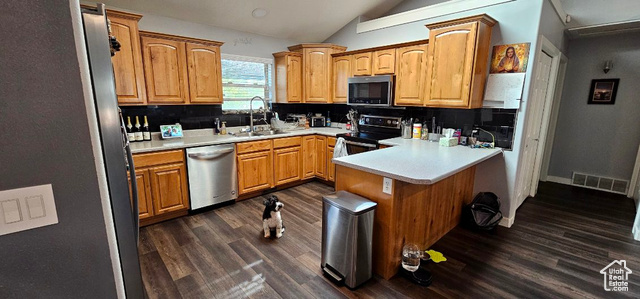 2269 Clear Creek Road Nibley, UT 84321 - Photo 5 of 27 Kitchen with vaulted ceiling, decorative backsplash, stainless steel appliances, dark wood-style floors, and a peninsula