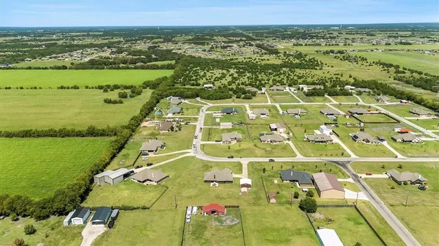 an aerial view of a pool