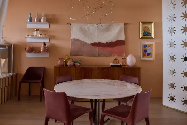 a view of a dining room with furniture