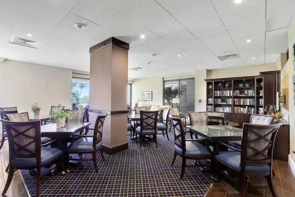 a view of a dining room with furniture