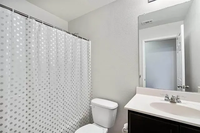 a bathroom with a sink a toilet and shower curtain