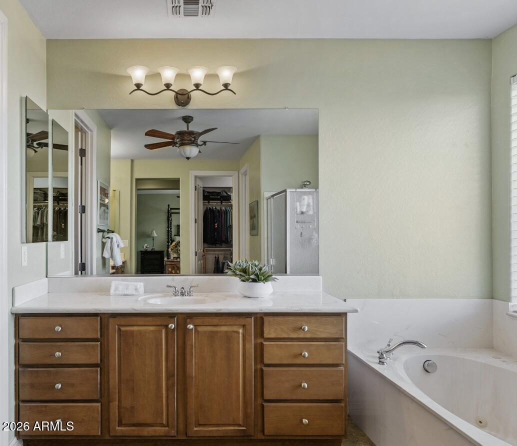 1341 East Macaw Court Gilbert, AZ 85297 - Photo 26 of 49 a bathroom with a granite countertop sink a large mirror and a bathtub