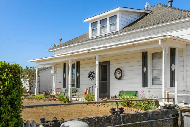 a front view of a house with lots of potted plants