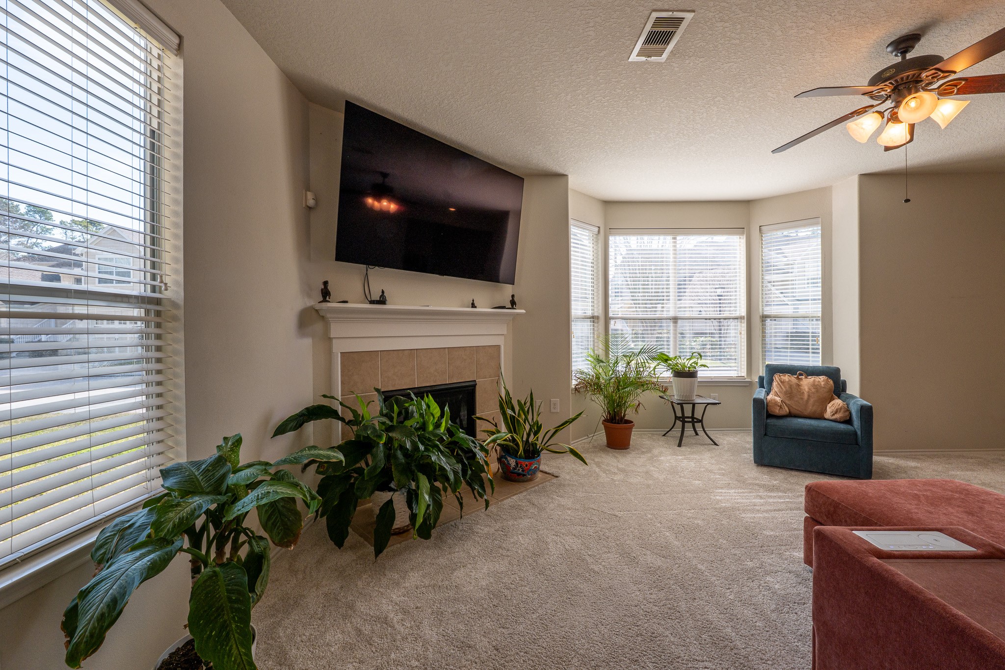 13600 Breton Ridge Street, Unit 29F Houston, TX 77070 - Photo 7 of 21 This cozy living room features a large wall-mounted TV above a fireplace, surrounded by ample natural light from multiple windows. It has carpeted flooring, a ceiling fan, and is decorated with potted plants and comfortable seating, creating an inviting space.