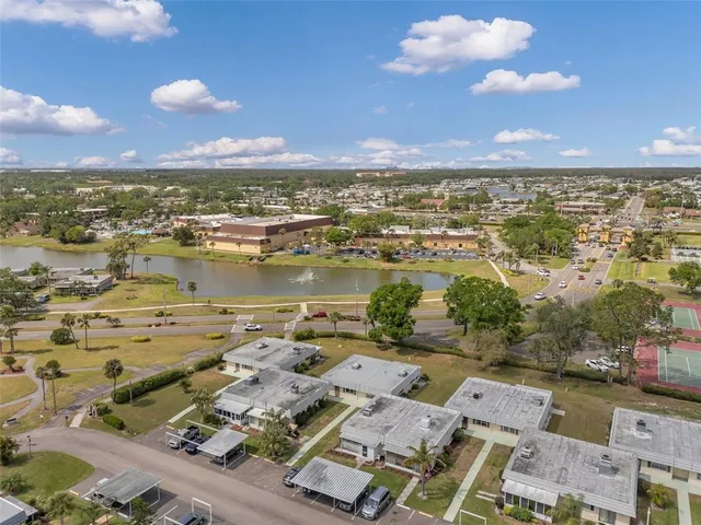 an aerial view of a swimming pool