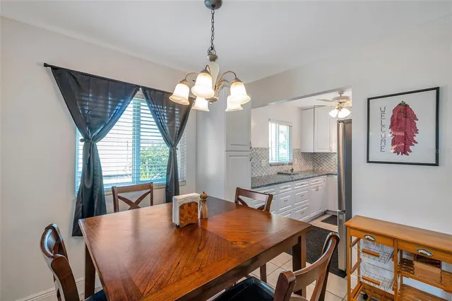 a view of a dining room with furniture and window