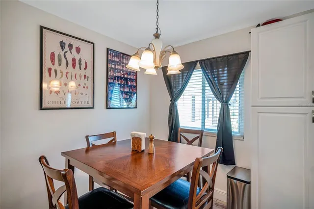 a view of a dining room with furniture and window