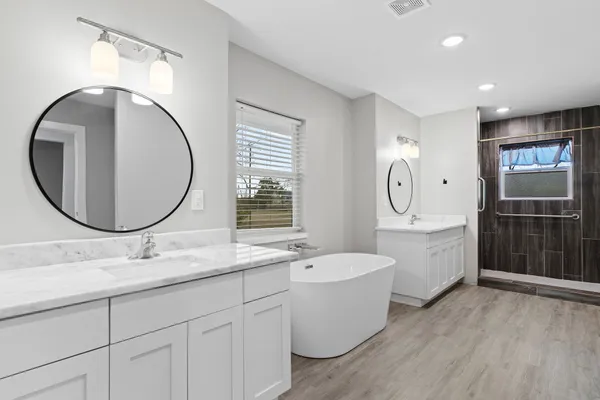 wooden floor and closet in a bathroom
