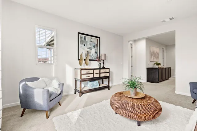 a living room with furniture and a potted plant