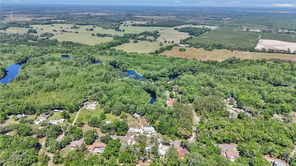 an aerial view of a houses and trees