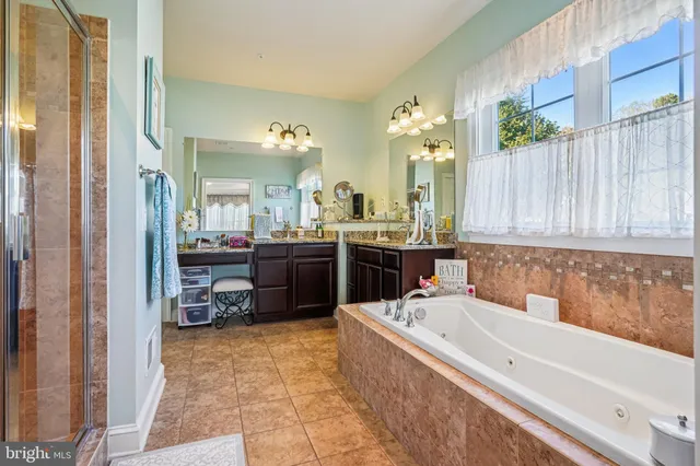 a bathroom with a tub a double vanity sink a mirror and a shower