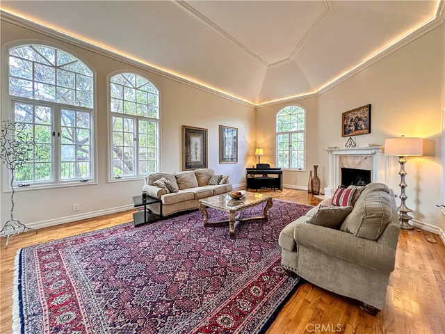 a living room with furniture or couch and a fireplace
