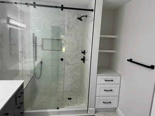 a bathroom with a shower