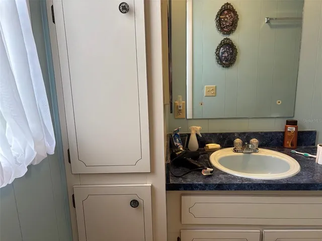 a bathroom with a sink and a mirror