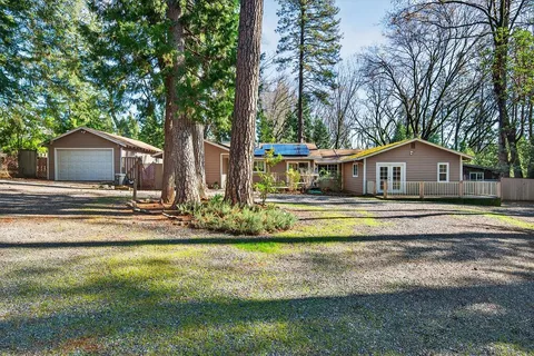 a front view of house with yard and green space