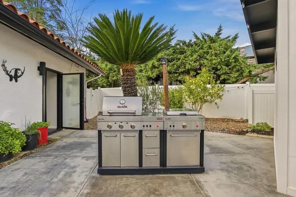 a view of a backyard with potted plants