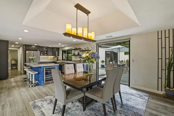 a view of a dining room with furniture
