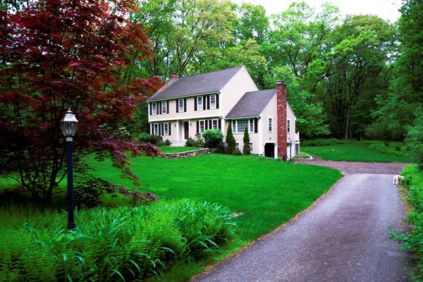 a front view of a house with a yard and green space