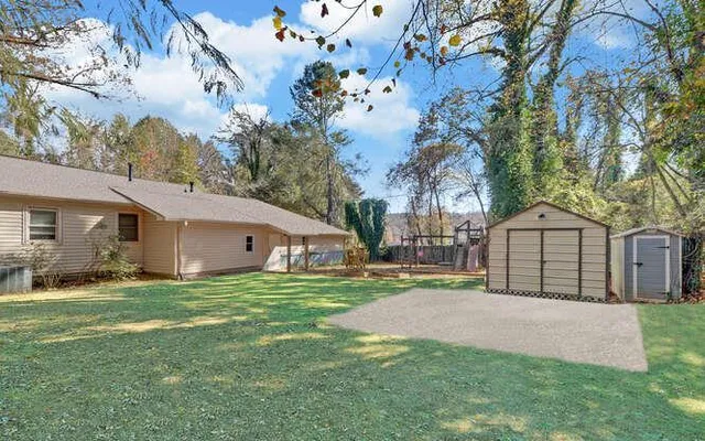 a view of a playground with a tree
