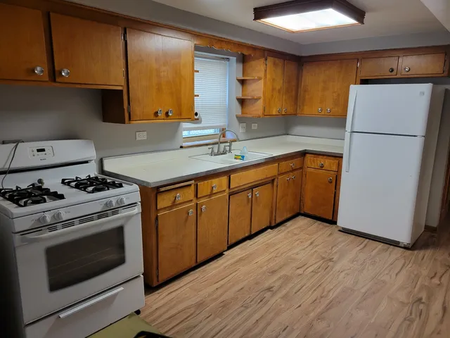 a kitchen with a stove a sink and a refrigerator