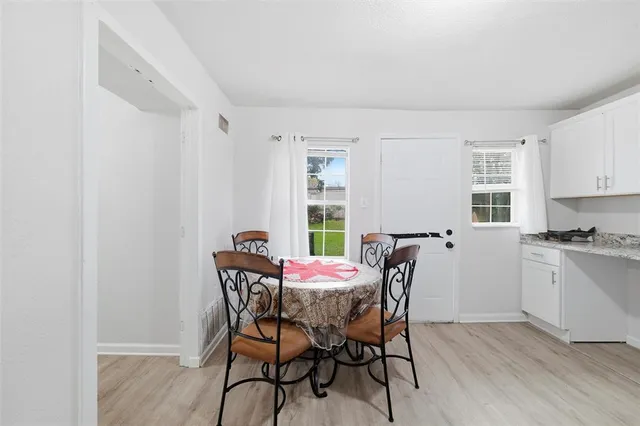 a view of a dining room with furniture and window