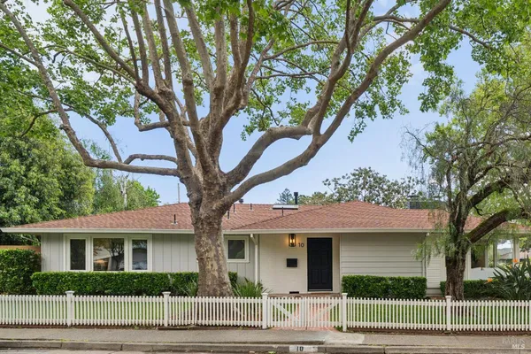 a front view of a house with a tree