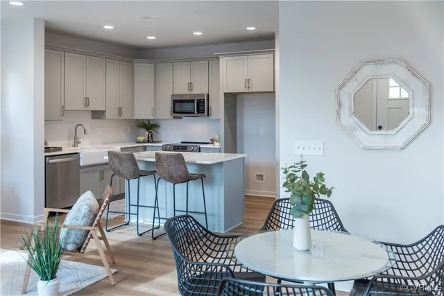 a view of a dining room with furniture