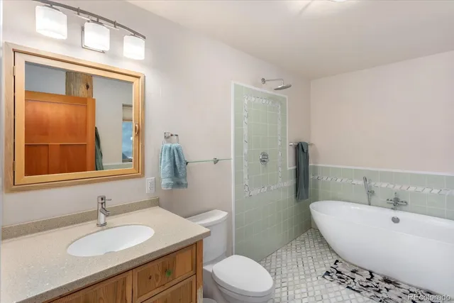 a bathroom with a sink a toilet and shower