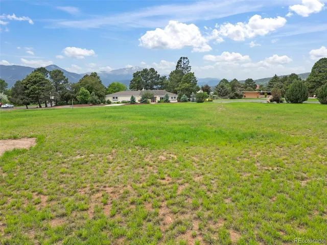 a view of yard with green space and houses in the back