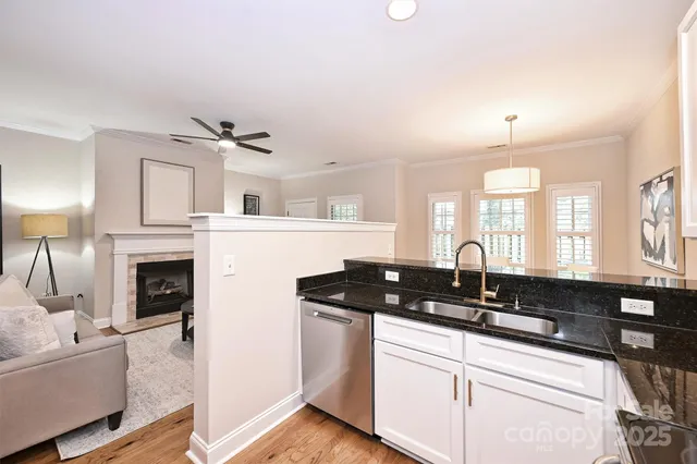 a kitchen with a sink dishwasher a fireplace with wooden cabinets
