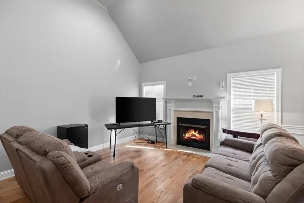 a living room with furniture a fireplace and a flat screen tv