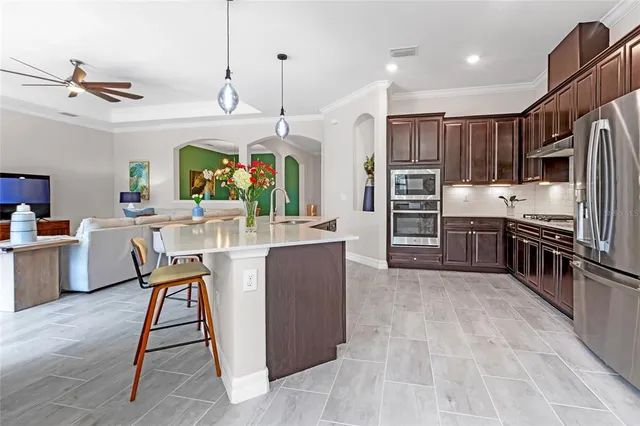 a view of a dining room with furniture