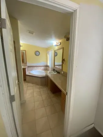 a bathroom with a sink a mirror and a bathtub