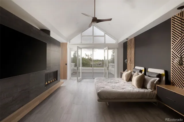 a spacious bathroom with a large mirror and a shower