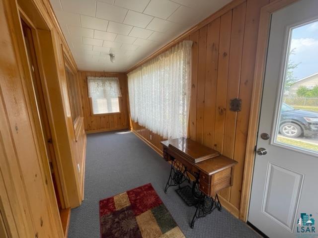32 West Shagawa Road Ely, MN 55731 - Photo 5 of 26 Doorway to outside featuring wood walls, carpet, and a healthy amount of sunlight