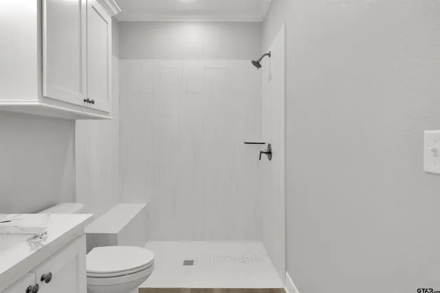 a bathroom with a sink a toilet and a shower