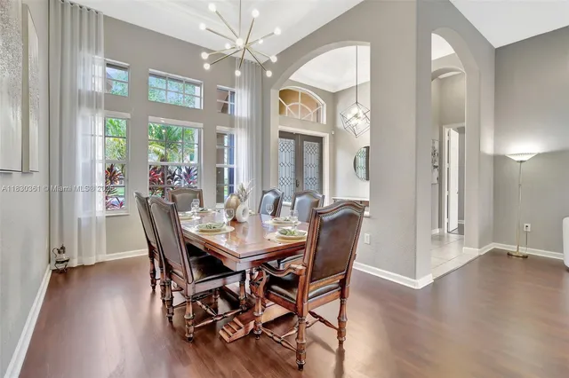 a view of a dining room with furniture window and wooden floor