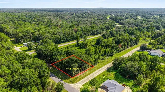 an aerial view of a forest with houses