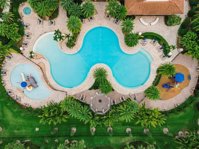 an aerial view of a swimming pool