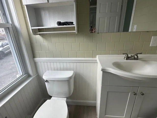 a bathroom with a sink a toilet and a mirror