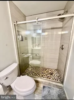 a bathroom with a toilet and a shower