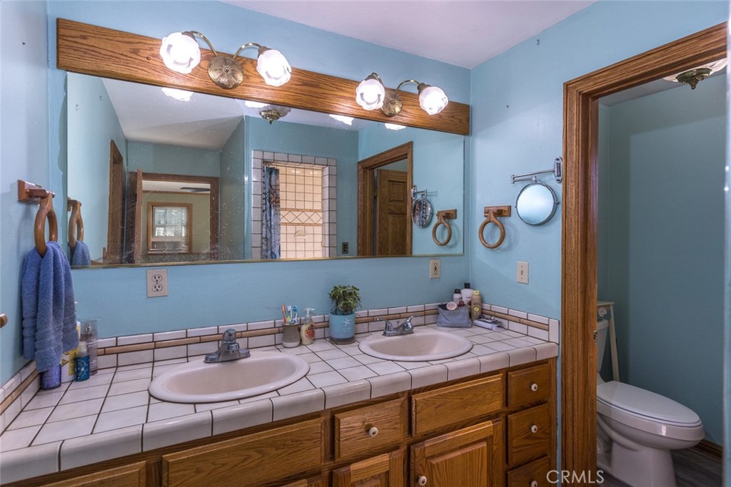 3977 Spring Court Mariposa, CA 95338 - Photo 68 of 72 a bathroom with a granite countertop sink a toilet and a mirror