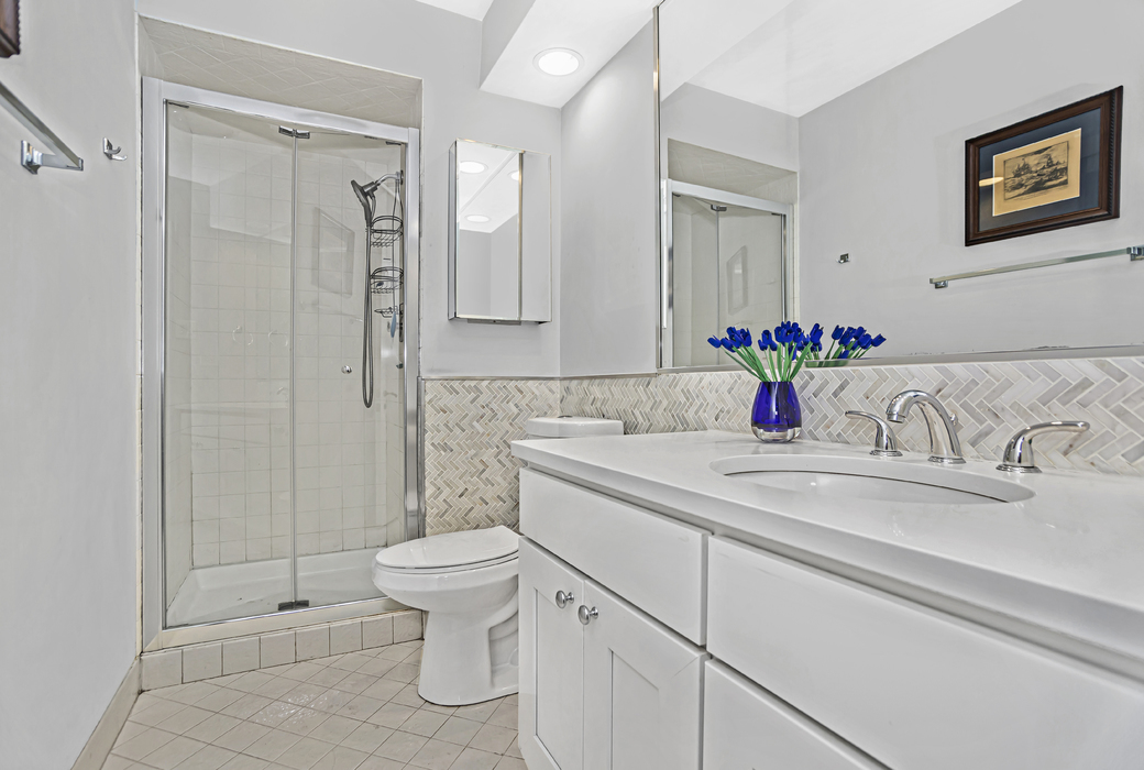 1125 Lake Cook Road, Unit 511 Northbrook, IL 60062 - Photo 16 of 18 a bathroom with a granite countertop sink a toilet and shower