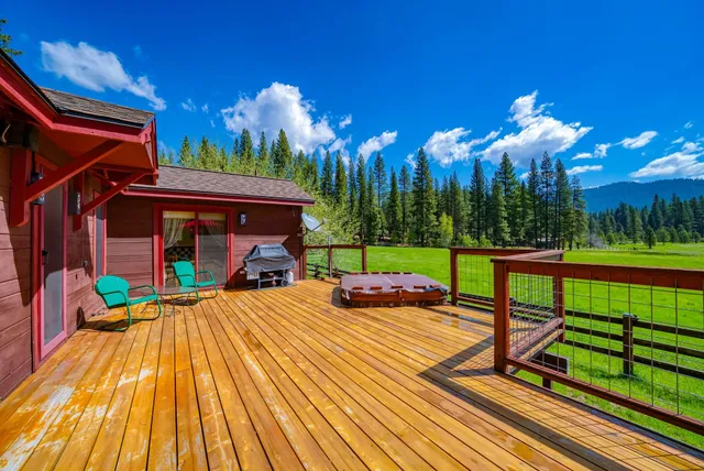 a view of a garden with large trees