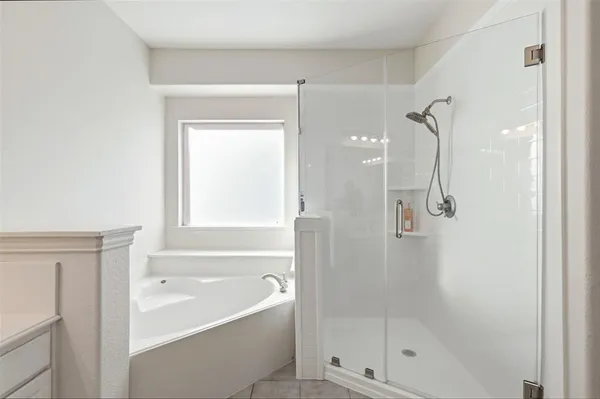 a bathroom with a shower a bathtub and a shower