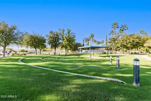 a view of a swimming pool with a garden