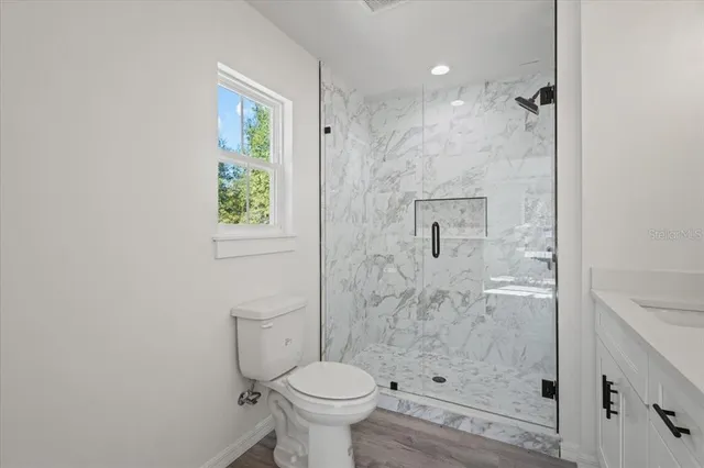a bathroom with a shower and a toilet