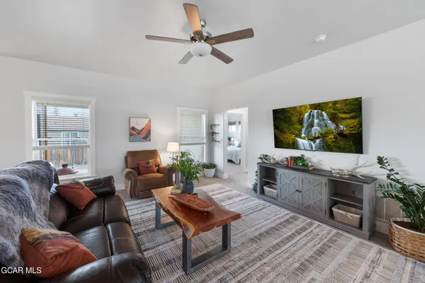a living room with furniture a flat screen tv and a fireplace