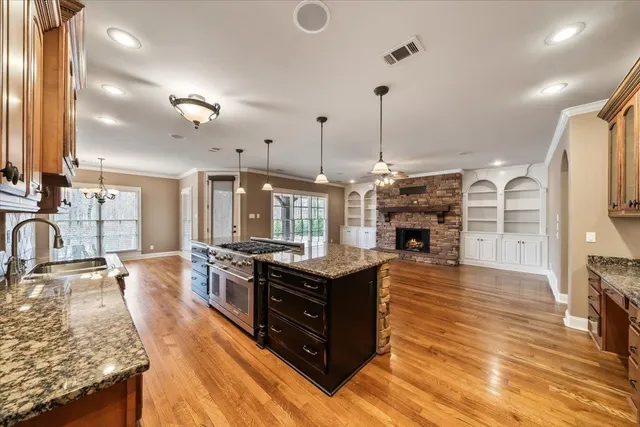 a kitchen with stainless steel appliances granite countertop a stove a sink and a wooden cabinets