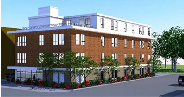 a front view of a building with street view